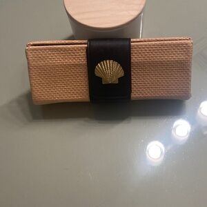 Mudpie clutch with blue wrap and gold seashell magnetic closure